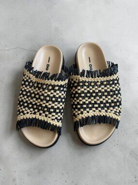 PAS DE ROUGE Black Beige Leather Woven Slide Sandals Size US 8